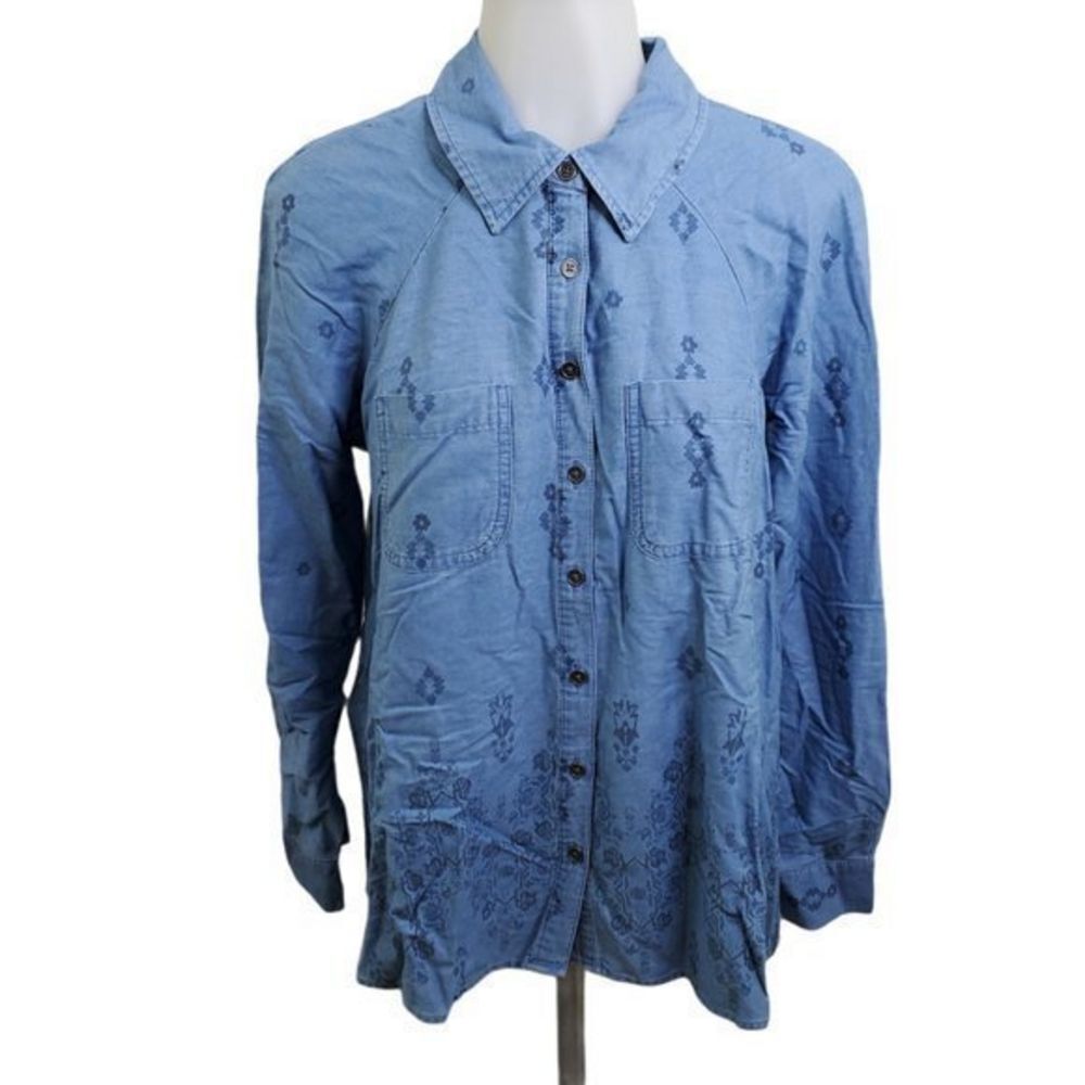 Style & Co Denim Shirt S Tribal Boho Floral Blue L